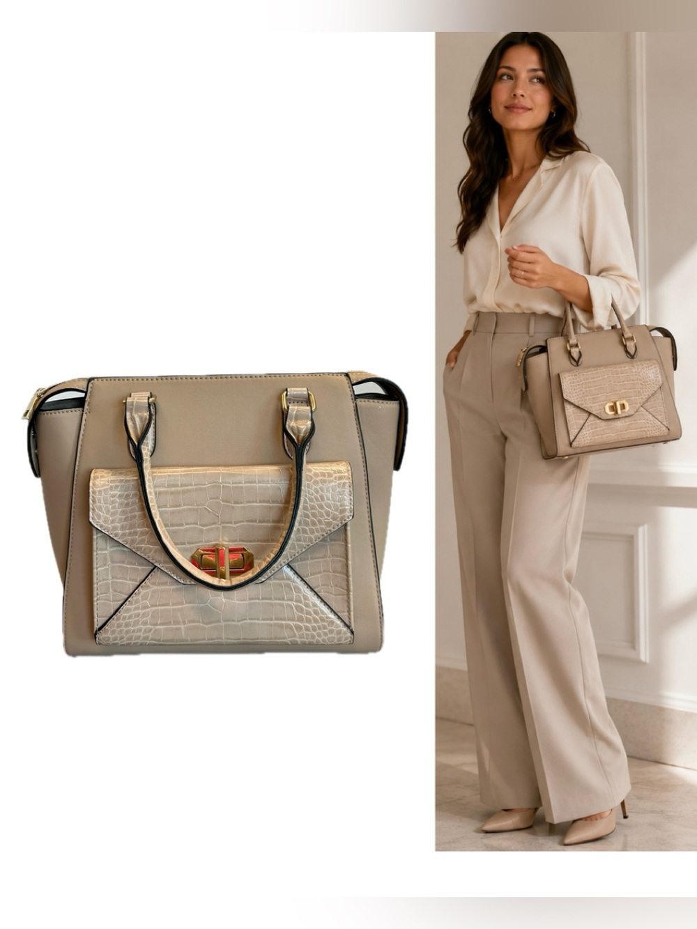 Taupe Croc Embossed Structured Satchel Handbag Gold Hardware Top Handle Purse